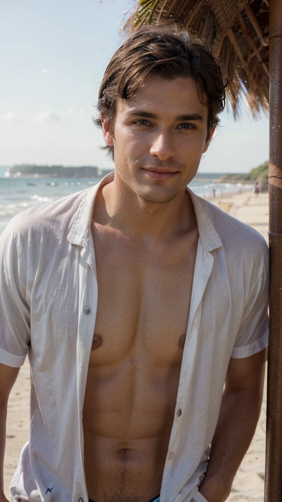 Very handsome man, 29yo, dark brown hair, Wear, Consultation, chill on the beach, long distance shot, Wearing, smirk, realphoto