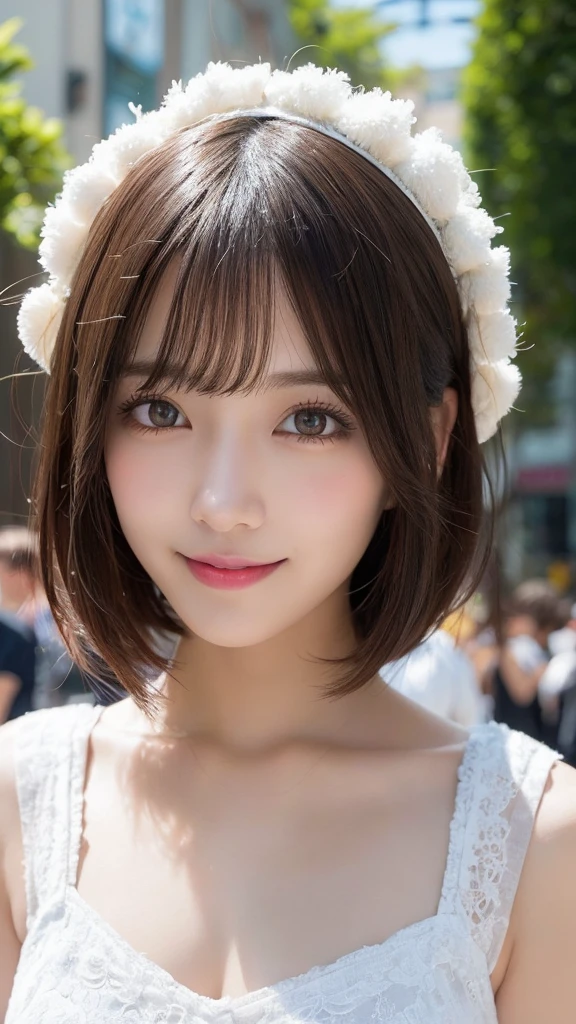 masutepiece, Best Quality, Illustration, Ultra-detailed, finely detail, hight resolution, 8K Wallpaper, Perfect dynamic composition, Beautiful detailed eyes, Women's Fashion Summer,Short bob hair,mid-chest, Natural Color Lip, Bold sexy poses,Smile,Harajuku、20 years girl、Cute、Sexy shot looking at camera