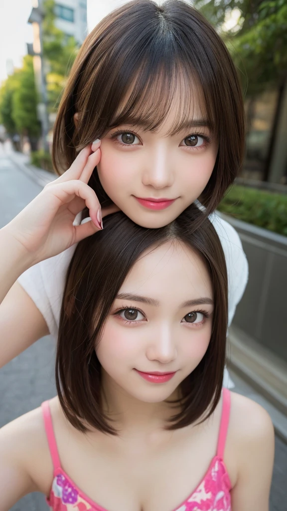 masutepiece, Best Quality, Illustration, Ultra-detailed, finely detail, hight resolution, 8K Wallpaper, Perfect dynamic composition, Beautiful detailed eyes, Women's Fashion Summer,Short bob hair,mid-chest, Natural Color Lip, Bold sexy poses,Smile,Harajuku、20 years girl、Cute、Sexy shot looking at camera