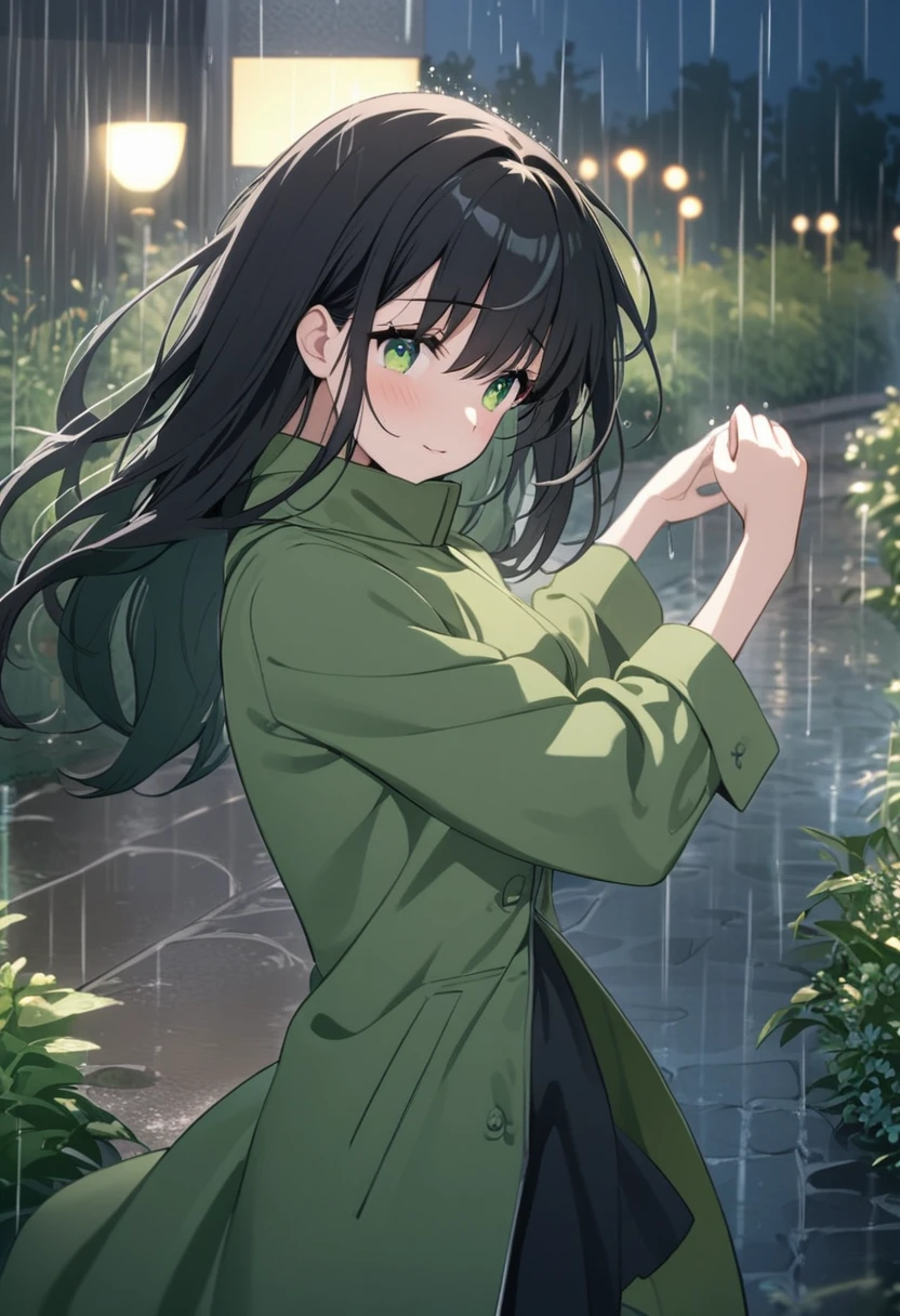 A girl with black hair and green eyes wearing a green coat.Dancing in the rain at night.
In a garden