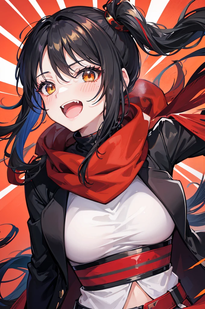 black side ponytail, stupid hair, portrait, passionate fool, girl, Laugh loudly and energetically, golden eyes, red cloth scarf, B cup, Black Jacket, hero