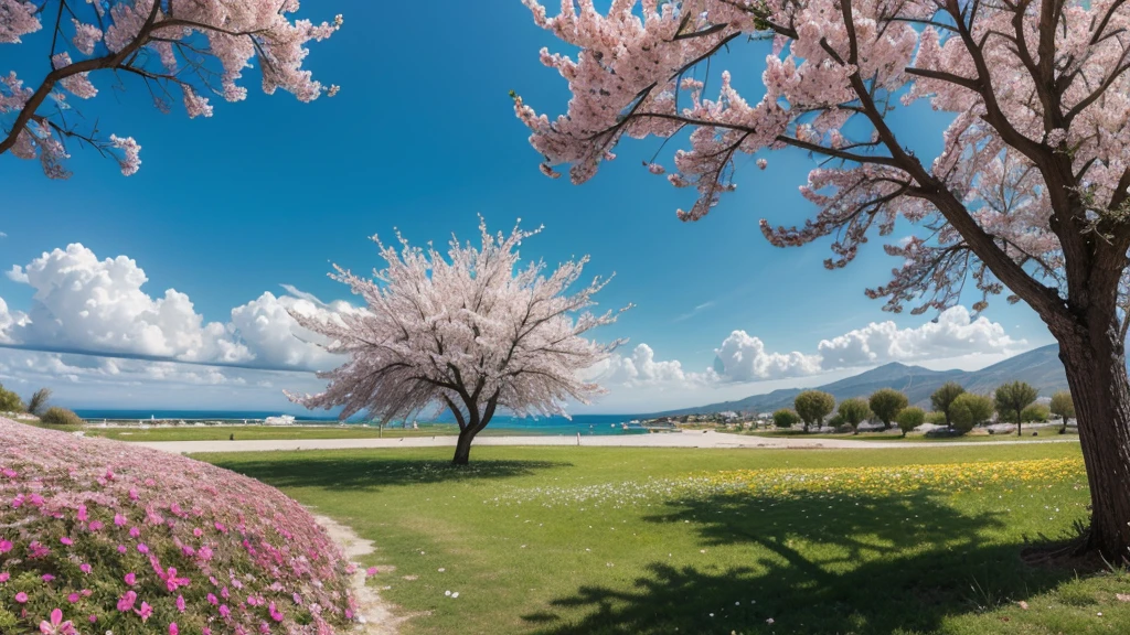 create a spring in greece, with varied flowers and beautiful trees