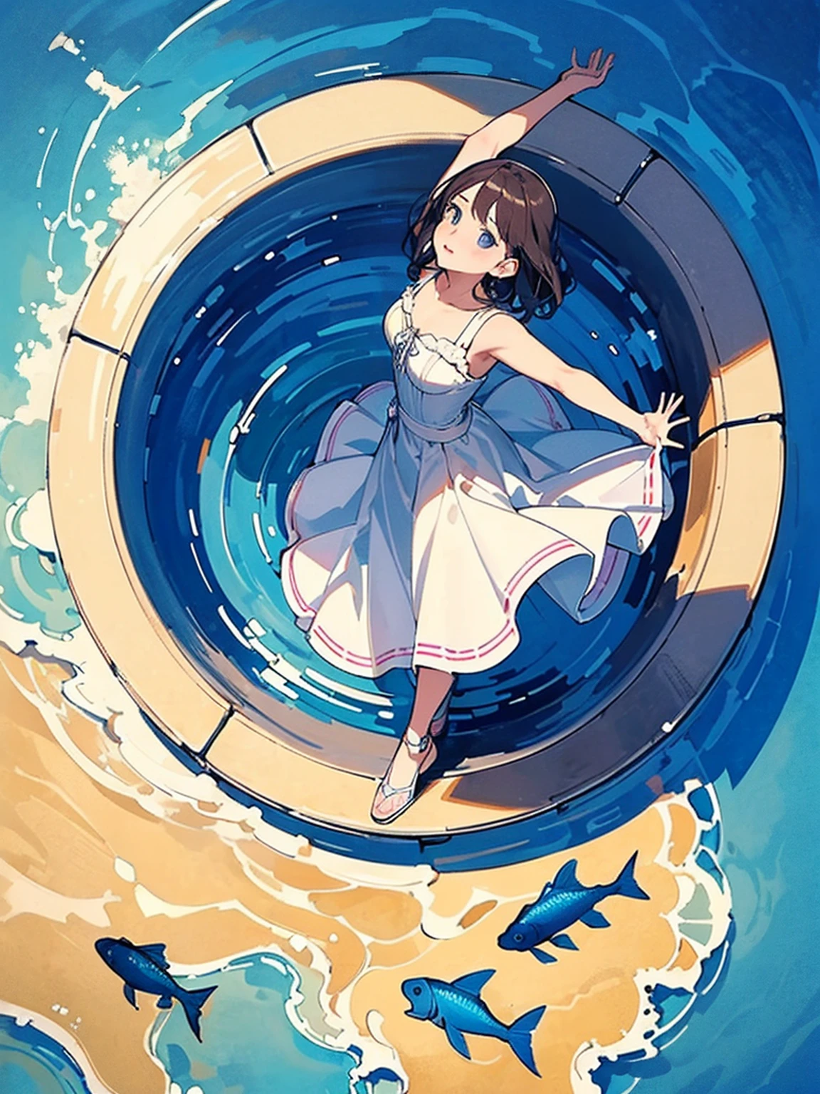 Standing on still water, ((from above:1.5)), From above, Overlooking、Woman dancing in a dress、Bottom Fish, Lots of aquatic life, Pool, Fish shadow