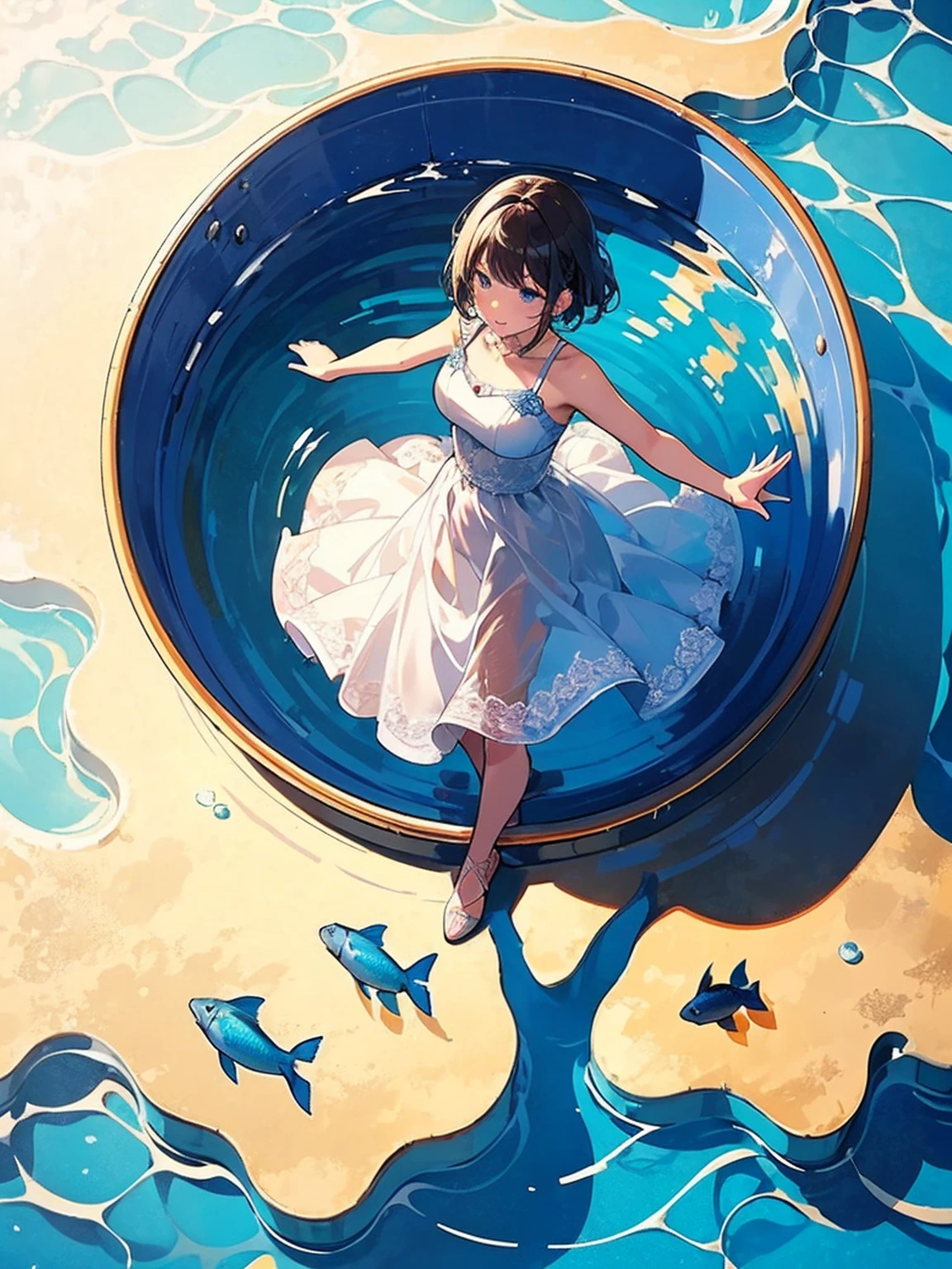 Standing on still water, ((from above:1.5)), From above, Overlooking、Woman dancing in a dress、Bottom Fish, Lots of aquatic life, Pool, Fish shadow
