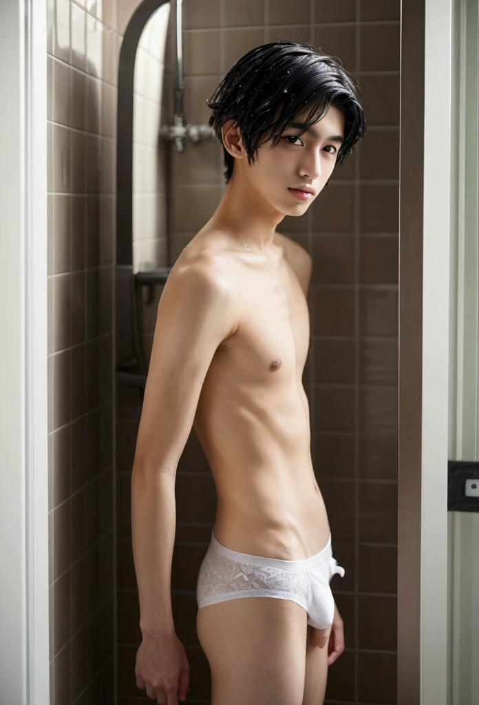 One boy、Beautiful Boy、18-year-old、Japanese Boy、Beautiful Boy、Black Hair、shower room、White underwear、Completely naked、drop