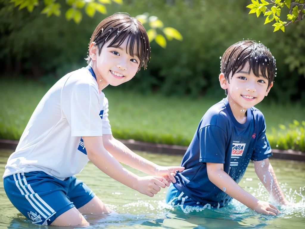 In the forest、 in the countryside、Swimming in the river、Bathing in water、Cute eletary boy、Boy in gym clothes、The bottom of the white T-shirt is blue、Blue shorts、The boys are playing、Get wet all over、Noisy boys、Splashing Water、Japanese、(Boy 1.4)、high resolution、high quality