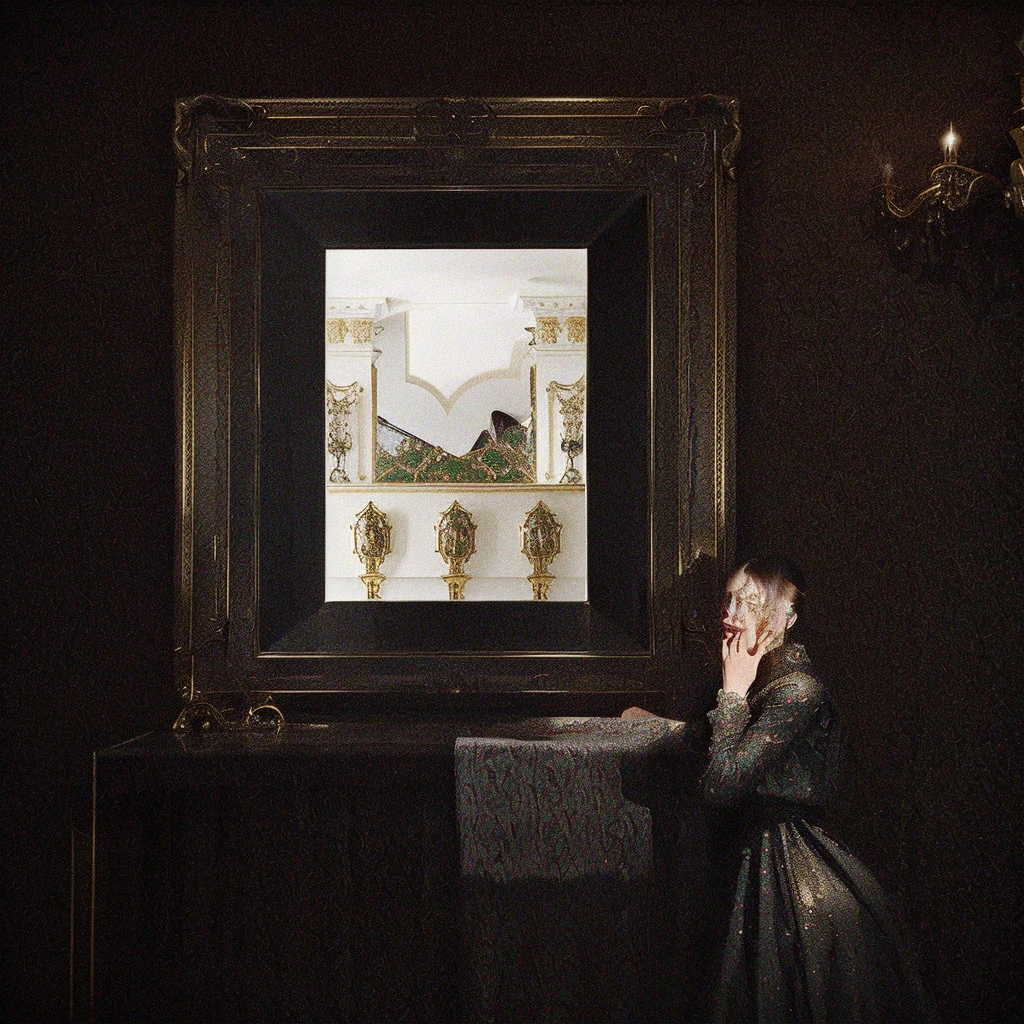 The 82cm x 25cm x 82cm MIRROR OF ENCHANTMENT CLASSIC is the visual focus ,DIOR advertising style,furniture advertising graphic photography,Italian castle living room, gold and luxurious materials, The award-winning", extremely opulent, Renaissance style, 意大利masterpiece, 伟大的masterpiece, masterpiece',A man is sitting on a chair in front of the MIRROR OF ENCHANTMENT CLASSIC, Fan Art, 平衡的masterpiece, TV still frame, 昂贵的masterpiece, in frame, Inspired by Carlo Mense, masterpiece肖像, Very emotional, Inspired by Kristás Georgiou, 极致品质masterpiece, Single portrait, 雄伟的masterpiece, Handsome man, Constantine Andrew (Constantine Andreou) of inspiration