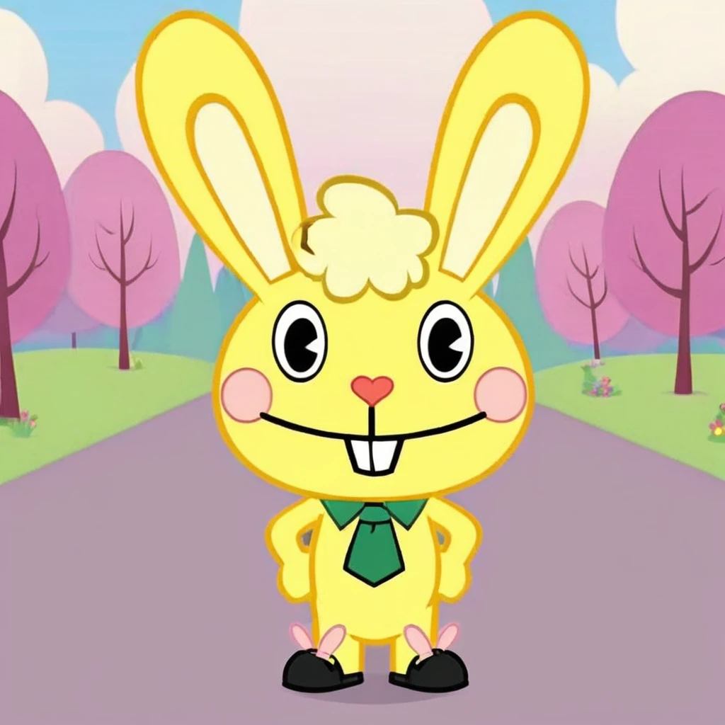 cartoon, a yellow rabbit with a green dress shirt a black necktie black pants belt and black shoes