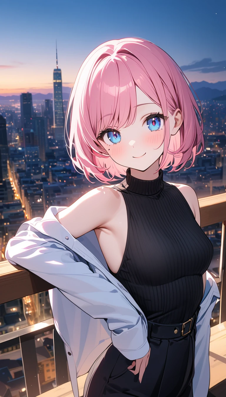 (1 girl),(Best Picture Quality, 8K, Masterpiece:1.3), (high  student:1.5), ((pink lob hair:1.1)), (bob cut),(swept bangs), (cute eyes, pupil black, iris skyblue, youthful face), (mole under right eye), (standard weight), (small breasts), (glistening skin:1.1),(pale skin:1.2),((Minimalist fashion)),((City)),(magnificent view),(Smile).