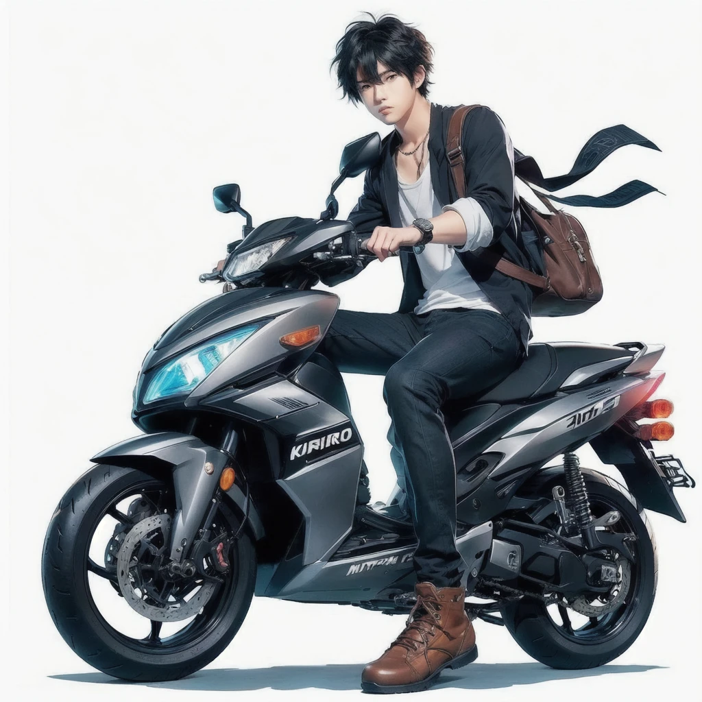 anime guy sitting on a motorcycle with a backpack on his back, style anime, kentaro miura style, kentaro miura art style, modern anime style, okata kazuto, young anime man, kentaro miura art, akira moto, anime style character, makoto shinkai style, anime full body illustration, key anime art, anime key visual concept