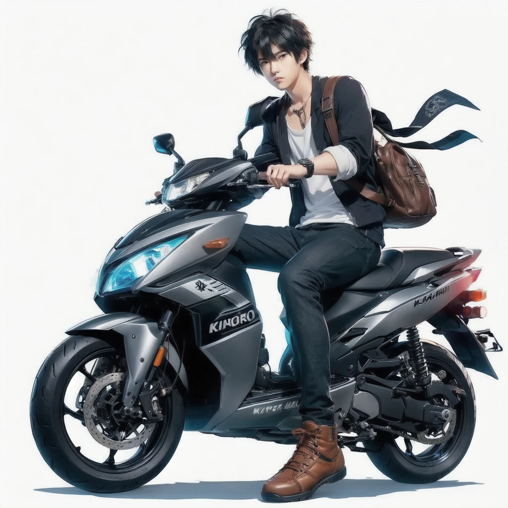 anime guy sitting on a motorcycle with a backpack on his back, style anime, kentaro miura style, kentaro miura art style, modern anime style, okata kazuto, young anime man, kentaro miura art, akira moto, anime style character, makoto shinkai style, anime full body illustration, key anime art, anime key visual concept