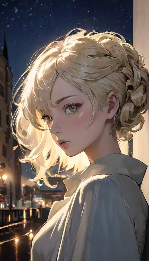 {Voluminous updo|Natural Waves|ADF|Pixie Cut}, View your viewers, (Cinematic:0.7), Depth of written boundary,
masterpiece, highest quality, Exterior, at night, (Front text:1.3),
ivory hair, Golden Eyes,