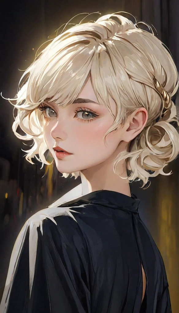 {Voluminous updo|Natural Waves|ADF|Pixie Cut}, View your viewers, (Cinematic:0.7), Depth of written boundary,
masterpiece, highest quality, Exterior, at night, (Front text:1.3),
ivory hair, Golden Eyes,