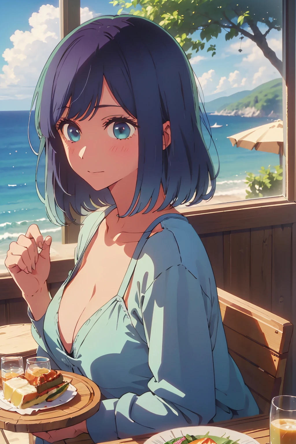 (Highest quality:1.4、masterpiece:1.4、Super detailed:1.4、8k:1.4)、((((1 person、Surprised expression、sit、Cafe Terrace、coastal、juice、table、Sandy Beach、juiceのグラスを持つ、Very soft 、Big eyes、Very cute face))))、(big Areolas protrude from micro bikini:1.4)、F cup bust、Medium breast、Underboob