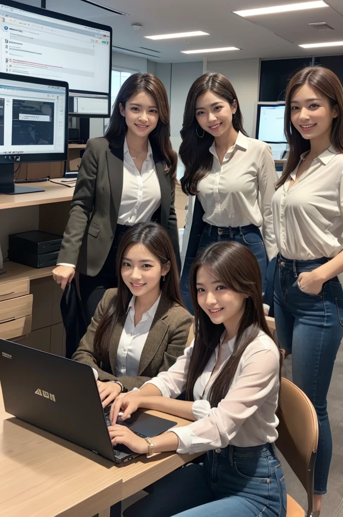 Group of attractive Asian female business associates working hard on design, computer, laptop, jeans, denim, brown hair, multiple girls, pants, smiling, monitor, 5 girls, blue pants, long hair, indoor , shirt, looking at viewer, brown eyes, jacket, office, smile