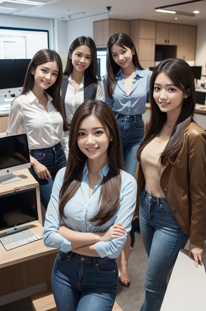 Group of attractive Asian female business associates working hard on design, computer, laptop, jeans, denim, brown hair, multiple girls, pants, smiling, monitor, 5 girls, blue pants, long hair, indoor , shirt, looking at viewer, brown eyes, jacket, office, smile