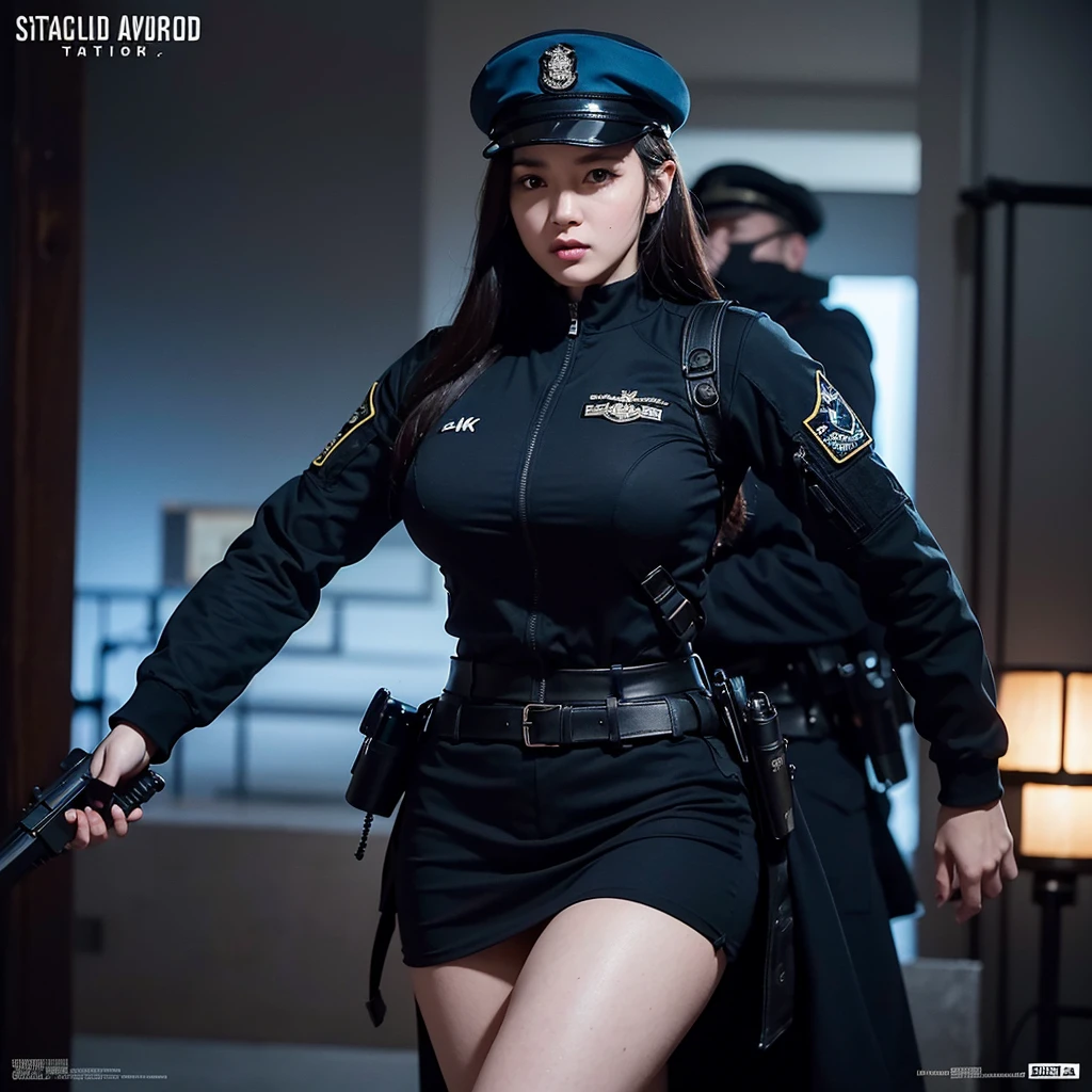 A mesmerizing Hollywood-style action poster featuring a beautiful young woman with generous curves, dressed in black tactical clothing and a short skirt. She wears a black beret and an Argentine insignia, exuding confidence and strength. The scene is set in a dimly lit, blue-toned environment, with the character in the foreground and a sense of urgency in the background. The high-resolution 8K image captures the hyperrealism and cinematic essence of the scene, making it a captivating and memorable visual., cinematic, poster