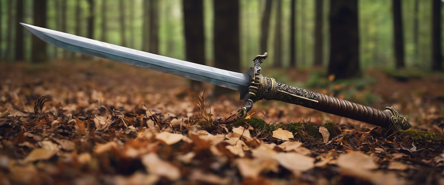 sword, simple ,rusty ,lying on the forest floor, the tip of the sword is pointing to the left,symmetrical ,straight ,european style , one-handed 