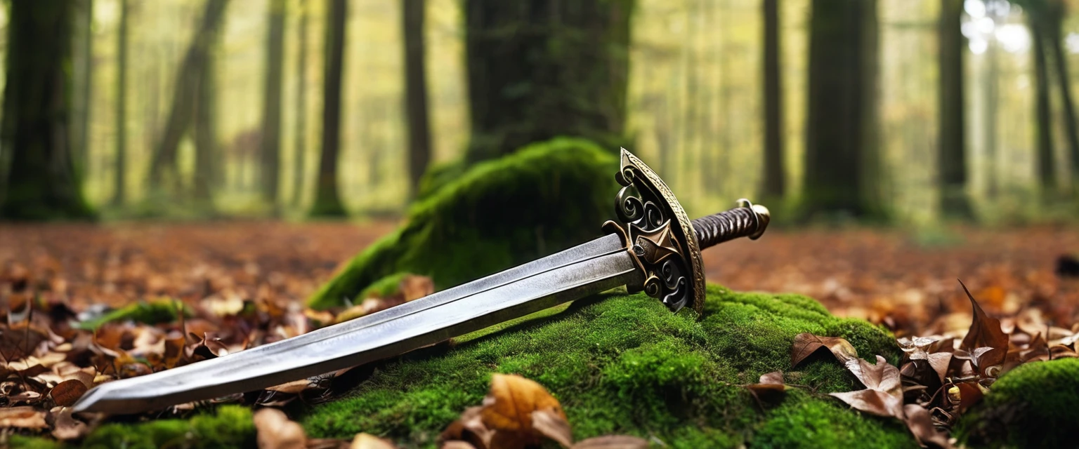 sword, simple ,rusty ,lying on the forest floor, the tip of the sword is pointing to the left,symmetrical ,straight ,european style , one-handed 