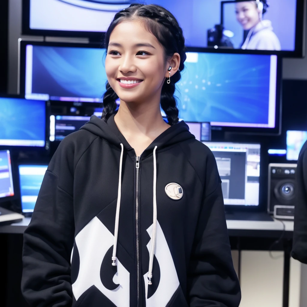 Image of an Indonesian woman with black hair in braids, wearing a wireless earphone mic color black on her head. The woman was wearing a blue hoodie, she appeared to be standing facing a monitor screen. studio background with several monitor screens. Smile, HD 24k, Realistic, photography, Radiant, bright, elegant, charming, view wide studio, full body view.