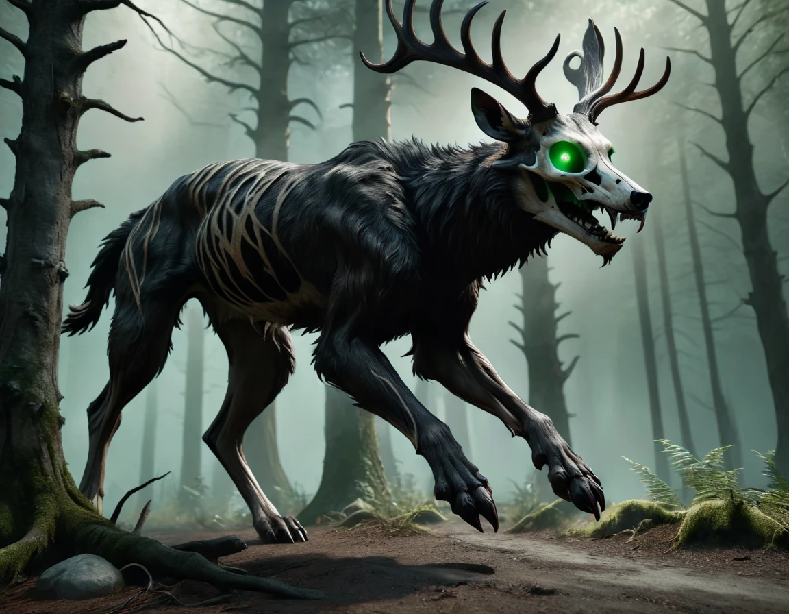 full body portrait of realistic big black beast, feral, side view, running motion, six claws on each paw, long legs, four legged, wolf tiger deer bear hybrid skull face, twisted horns, twisted antlers, tiger, deer, wolf, wendigo, bear, hybrid body with beryl green eyes, beryl green smoke from mouth, dark mysterious forest scenery, full body, cinematic, render, 8k, unreal engine, realistic, masterpiece, high detail, full body, low life, extremely intricate, extreme detail, volumetric lighting