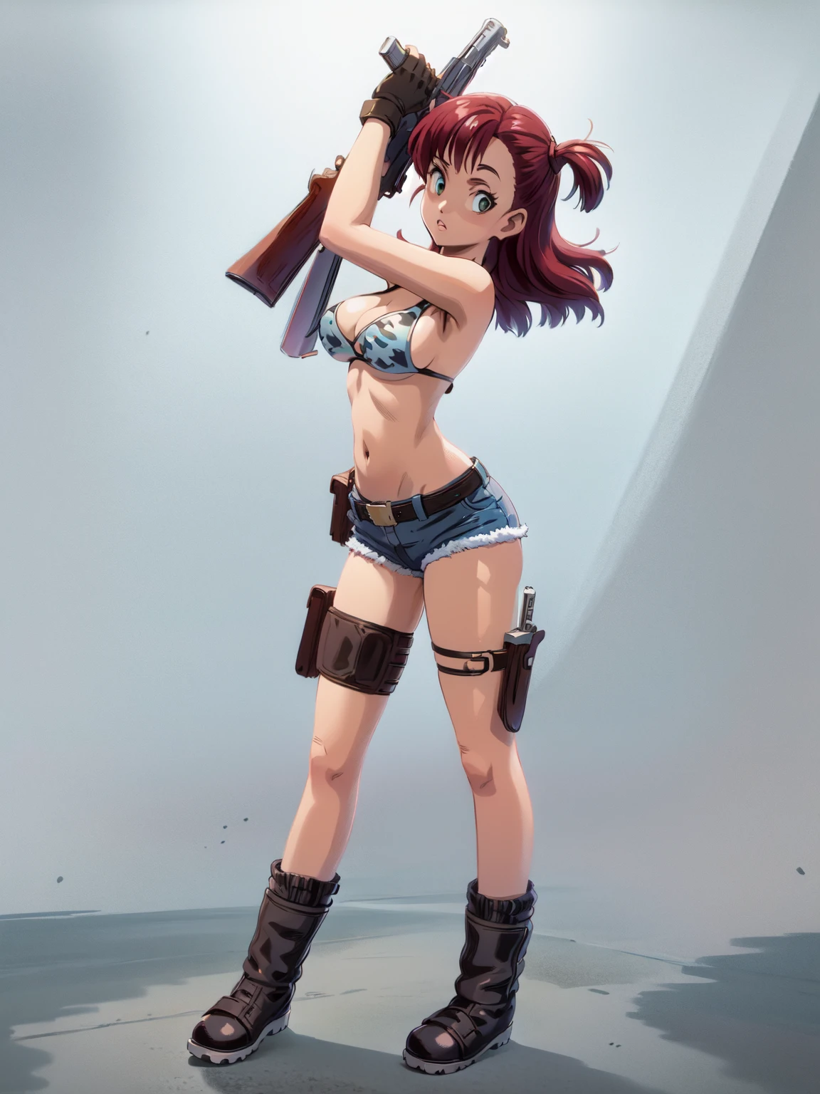 1girl, solo, gun, weapon, Leather Shorts, swimsuit, bulma, holster, boots, bikini, red hair, gloves, breasts, one side up, bikini top only, Leather Shorts, thigh holster, shorts, short shorts, cleavage, navel, medium breasts, handgun, full body, long hair, midriff, belt, thigh strap