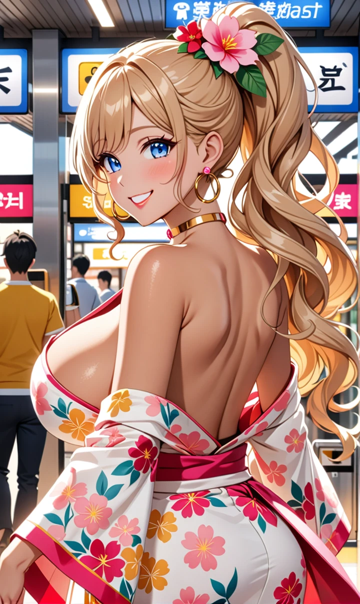 ultra-detailed, ((one girl)), (tan skin:1.4), in pastel colors gyaru, (heavy makeup), (professional lighting) hyper detailed, absurdres, 8k, Beautiful Face, (Laugh shyly), ((teasing smile:1.6)), ((happy smile:1.5)),  ((Wink:1.)), (Laugh with your mouth wide open),((Tilt your face:1.6)), View your viewers, ((Bright red cheeks:1.6)),Glossy shocking pink lips, ((huge breasts:1.6)),  ((undressing)), noon, summer, Station ticket gates, Anime style background)),masterpiece, Highest quality, (Brighten your face), so beautiful,Latest, Complex details, ((fluorescent pink long nail:1.3)), (ring),(bracelet), (Floral Choker),AI-generated, Complex,High resolution, Highest quality, super high quality,3D Images、3D Images,One person, ((honey blond long hair), (High Ponytail), (wavy hair:1.4), Anime woman posing for a photo, ((Fine grain、blue eyes、glowing eyes:1.4)), (Squint your eyes:1.1),a hyperRealistic , hyperRealistic , Realistic,Anime woman with long honey blonde hair, Smooth anime CG art, A girl in a gorgeous pastel-colored kimono, ((Pastel-colored furisode)),(Pink large floral pattern), (sideboob),  Long flower hair ornament,large gold hoop earrings, Mature Body, tall,Narrow waist, from behind, (upper body),  ((Reaching out to your audience)),