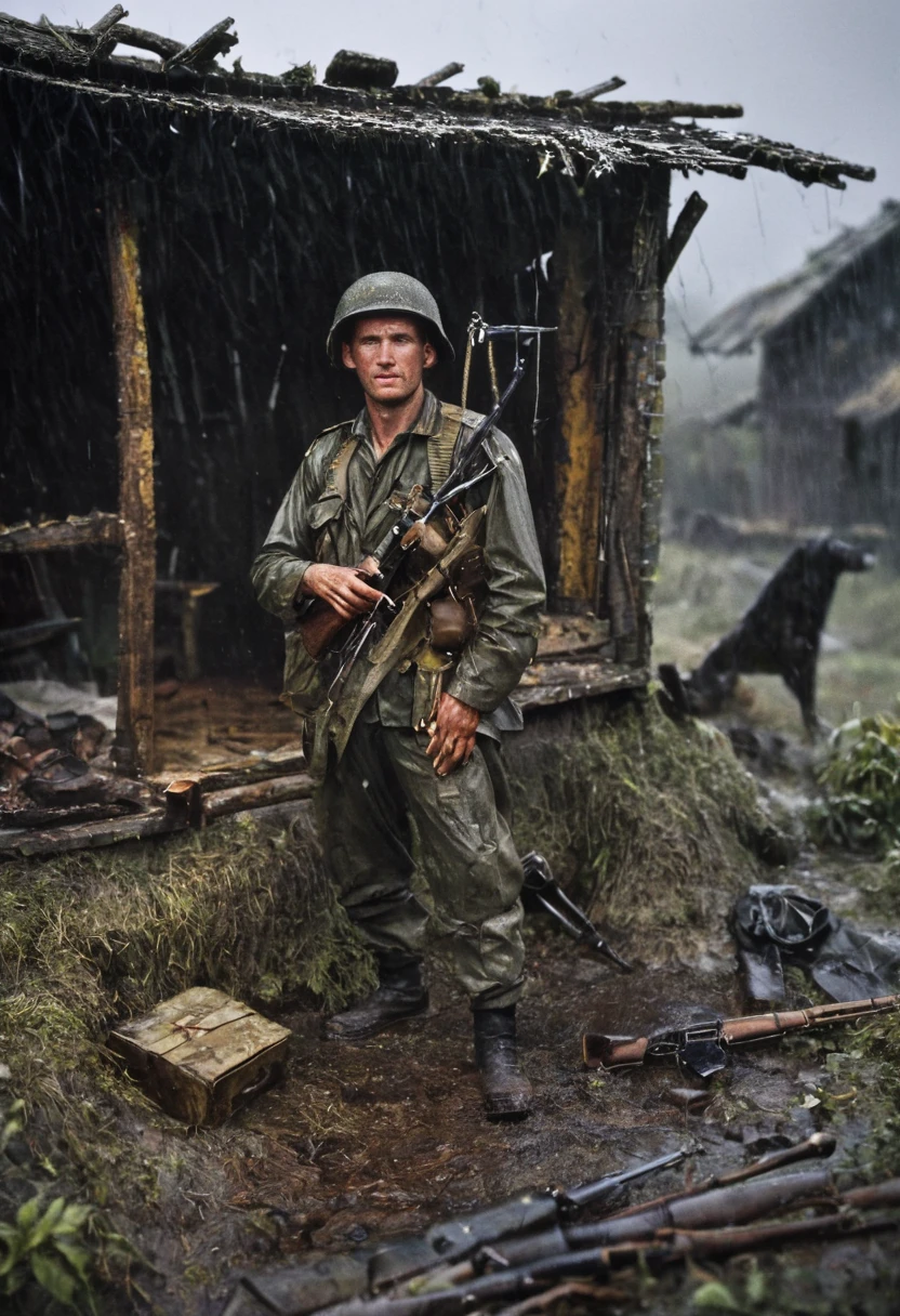 Photography in (stvmccrr style), an american soldier with WW2 uniform and gear and WW2 rifle, taking a shelter under a ruined hut, pouring rain, solo, dirty, exhausted, dark, loom, moody, bokeh, cinematic, emotive humane photography, rich colors, analog film, film grain, kodachrome, intricate details, insanely detailed, natural lighting, 8k, hdr, masterpiece, award winning photography
