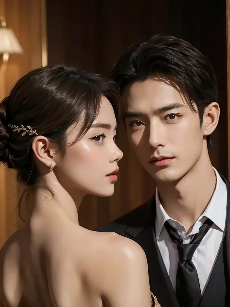 Entertainment,gender: One man and one woman。Don't look at the camera,Natural Eyes。The man looks like Huang Zitao,Handsome,The face is a bit round,Narrow chin,Peach blossom eyes and silkworms,Laugh wickedly。topless woman,Cool,Red lips,The side profile looks like celebrity artist Xu Yiyang,The head is turned at a 45-degree angle,Red Dress。