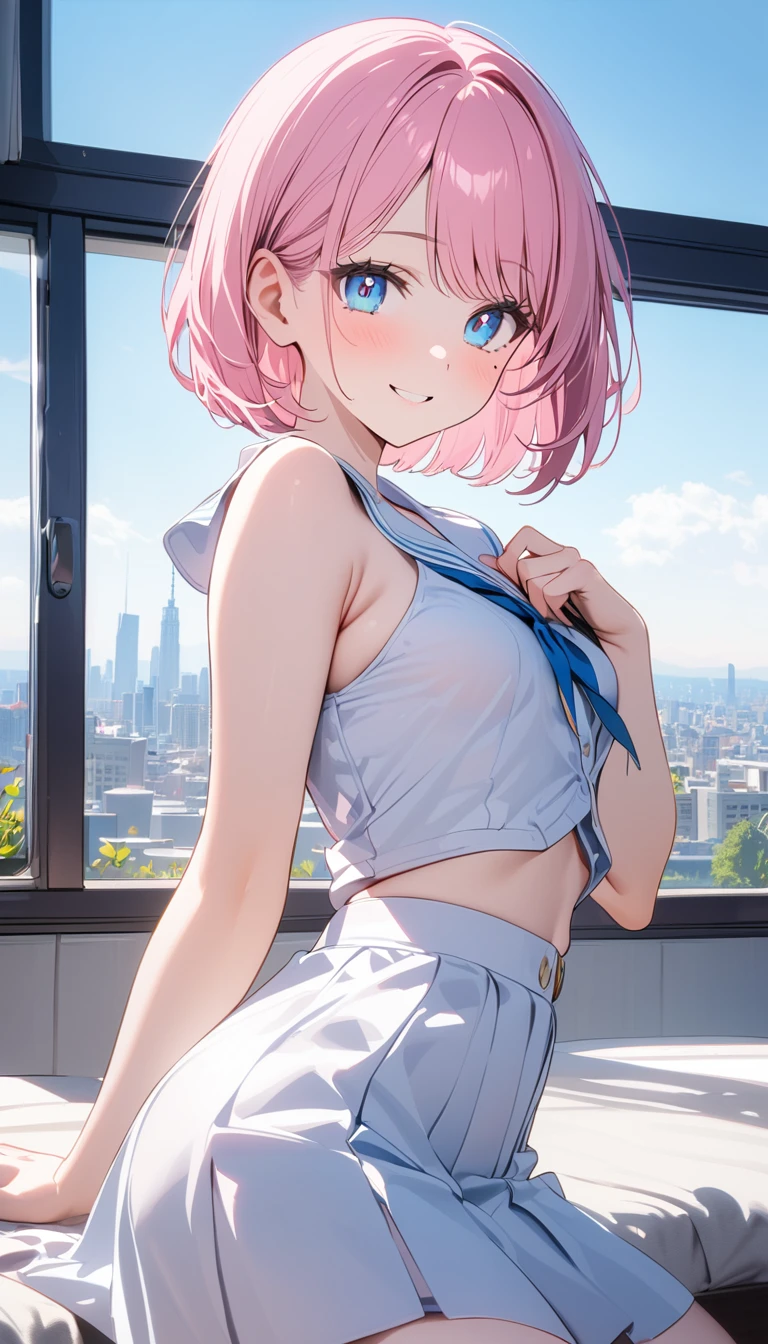 (1 girl),(Best Picture Quality, 8K, Masterpiece:1.3), (high school student:1.5), ((pink lob hair:1.1)), (bob cut),(swept bangs), (cute eyes, pupil black, iris skyblue, youthful face), (mole under right eye), (standard weight), (small breasts), (glistening skin:1.1),(pale skin:1.2),((sexy fashion)),((City)),(magnificent view),(Smile).