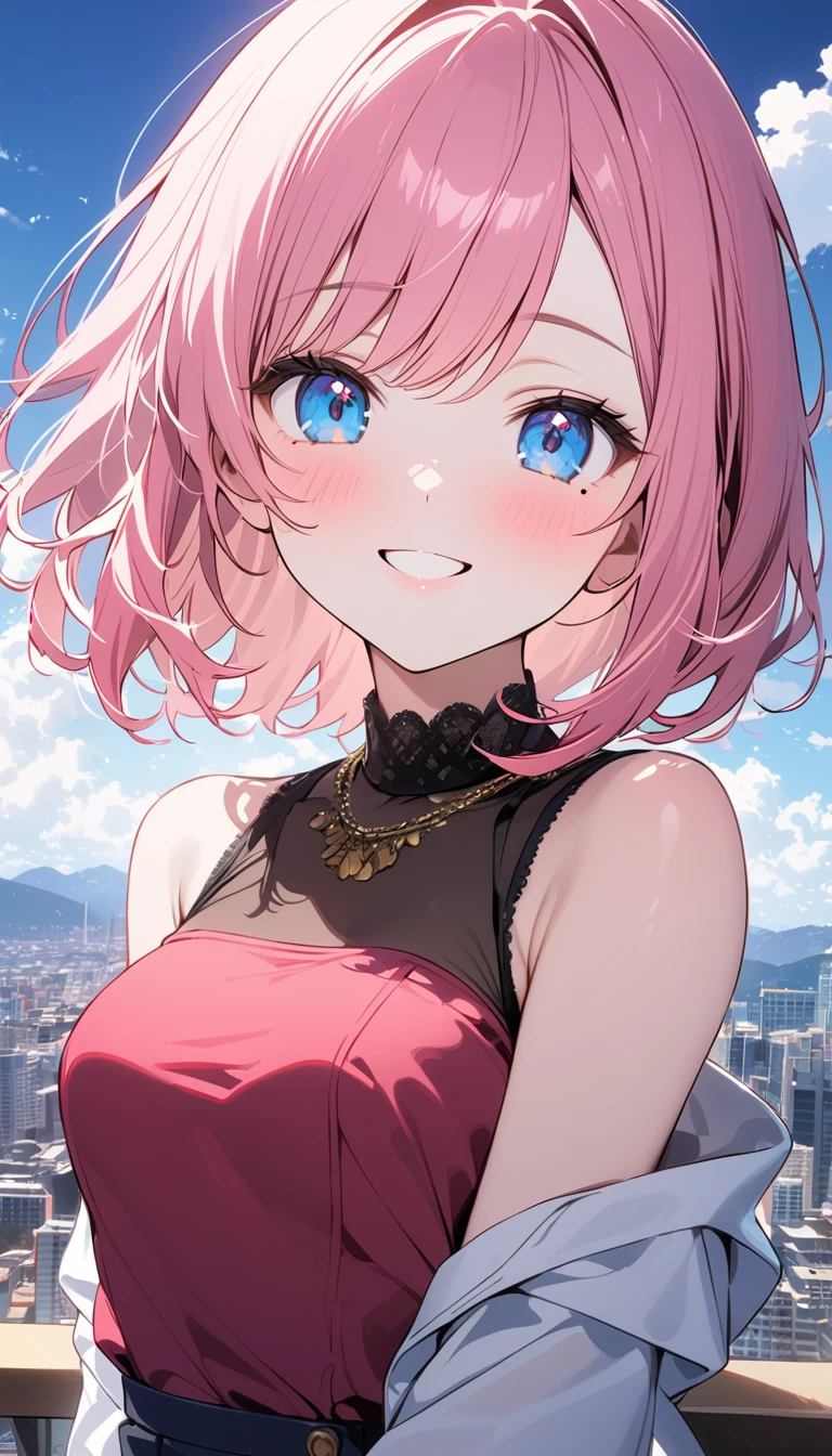 (1 girl),(Best Picture Quality, 8K, Masterpiece:1.3), (high  student:1.5), ((pink lob hair:1.1)), (bob cut),(swept bangs), (cute eyes, pupil black, iris skyblue, youthful face), (mole under right eye), (standard weight), (small breasts), (glistening skin:1.1),(pale skin:1.2),((sexy fashion)),((City)),(magnificent view),(Smile).