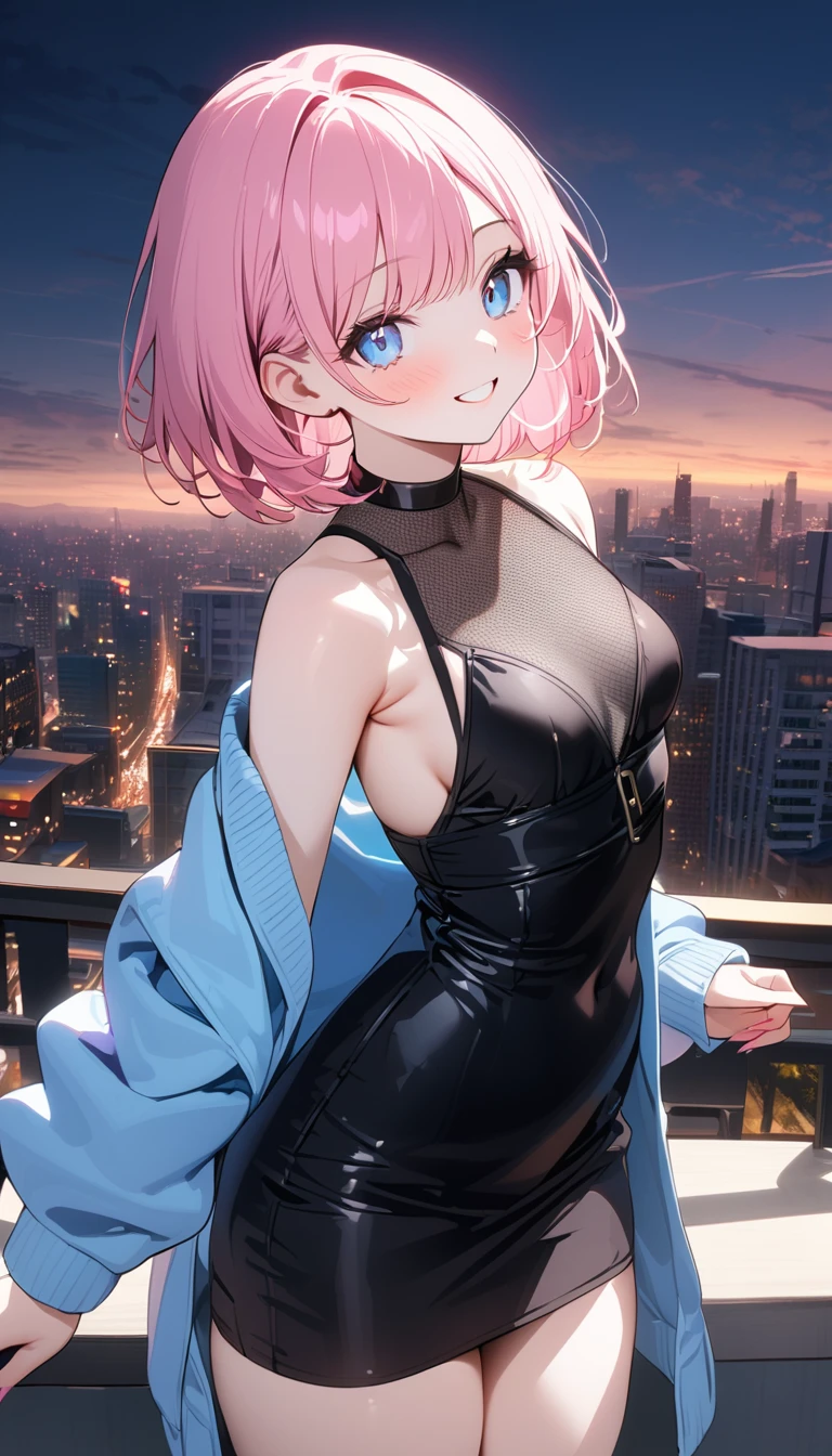 (1 girl),(Best Picture Quality, 8K, Masterpiece:1.3), (high school student:1.5), ((pink lob hair:1.1)), (bob cut),(swept bangs), (cute eyes, pupil black, iris skyblue, youthful face), (mole under right eye), (standard weight), (small breasts), (glistening skin:1.1),(pale skin:1.2),((sexy fashion)),((City)),(magnificent view),(Smile).