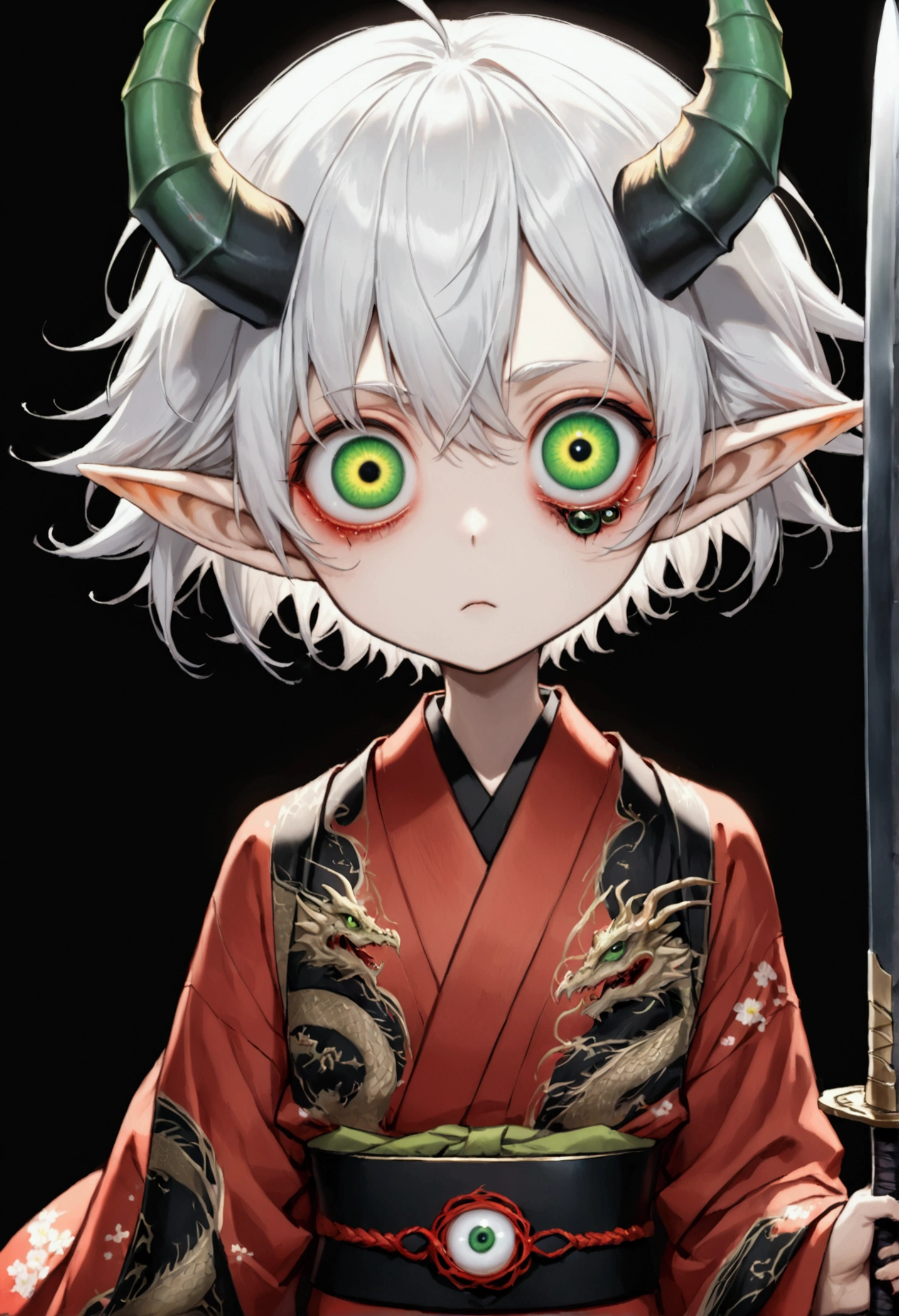 Japanese Anime,Second Dimension,Horror style,horror character,(((Three-eyed boy,Vertical Eye.Middle-parted white hair-super short hair,Elf ears,Dragon Horn))),(((Gorgeous Japanese red kimono,Eye pattern,Dark Pattern))).(((Thin waist,Green belt:1.6))).(((Samurai sword))),Black background blur
