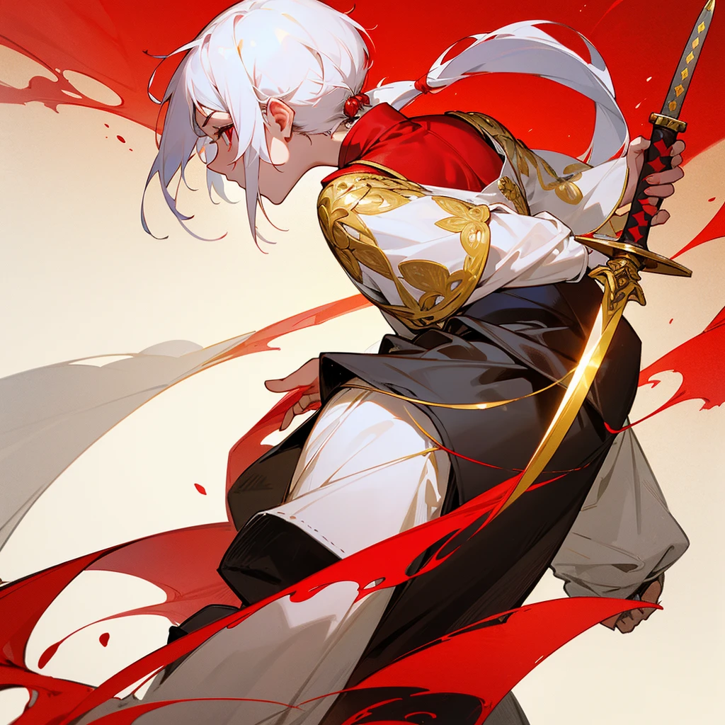 Short hair handsome guy,White hair,With pigtails,Carrying a sword inlaid with golden gems,Holding a knife inlaid with blood red ruby,Red and gold eyes,Red is blood red,Don’t use too many background colors,Highlight the sacred and,Simple character clothing,Back side facing out,Expose the side face,Knife across the back,and before the back