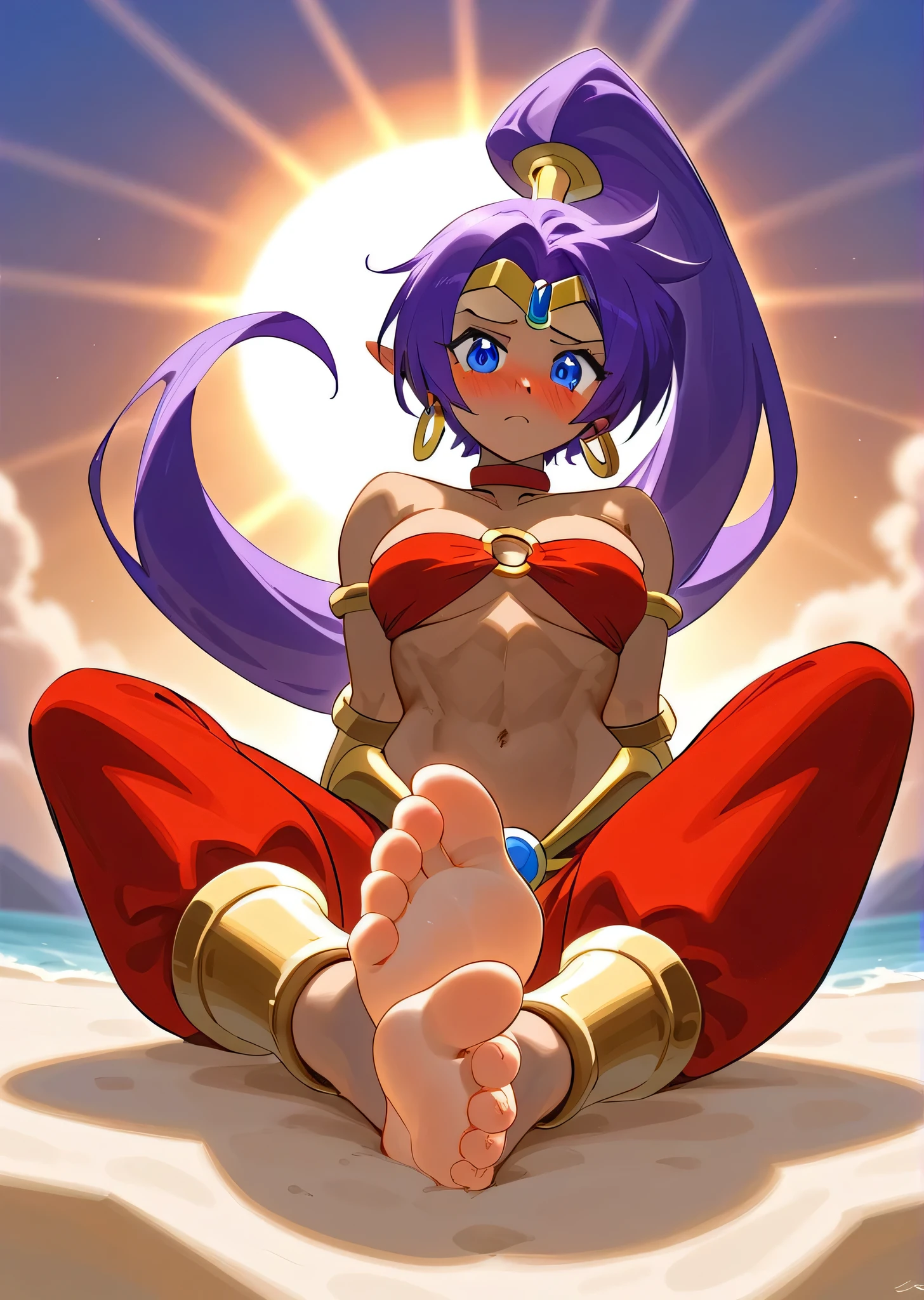 [Shantae], ((masterpiece)), ((HD)), ((high res)), ((solo portrait)), ((full body)), ((low angle view)), ((feet visible)), ((foot focus)), ((detailed shading)), ((intricate details)), {attractive girl, (dark skin tone), (brown skin), (purple hair), (spiky bang), (long ponytail), (cute blue eyes), (curvy hips), (defined muscles), (beautiful legs), (cute soft feet), (blushing), (embarrassed frown)}, {(red o-ring bandeau), (vambraces), (red harem pants), gold bracers, gold tiara, hoop earrings, (red choker)}, {(sitting on sand), (looking at viewer)}, [ambient lighting, beach, sun rays]