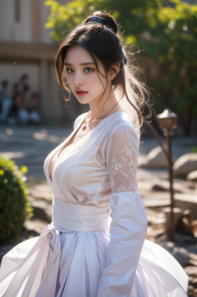 1 beautiful girl in Hanfu costume, ((white thin purple silk shirt with a lot of texture)), white lace top, long purple platinum ponytail Hair, Jewelry, ear jewelry, necklaces and necklaces, carefully drawn big purple eyes, makeup careful, thin eyebrows, high nose, beautiful red lips, no smile, pursed lips, rosy cheeks, wide breasts, big breasts, proportional breasts, slim waist, purple fishnet socks, chinese hanfu style, fictional art texture, colorful bright and realistic, RAW Photo, Realistic Photo, ultra high quality 8k surreal photo, (effective fantasy light effect: 1.8), 10x pixels, magical effect (Background): 1.8), ultradetailed eyes, full body portrait of girl , Chinese royal garden background, dynamic pose