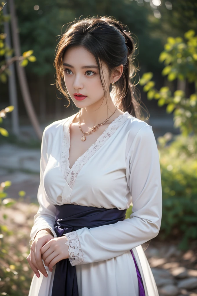 1 beautiful girl in Hanfu costume, ((white thin purple silk shirt with a lot of texture)), white lace top, long purple platinum ponytail Hair, Jewelry, ear jewelry, necklaces and necklaces, carefully drawn big purple eyes, makeup careful, thin eyebrows, high nose, beautiful red lips, no smile, pursed lips, rosy cheeks, wide breasts, big breasts, proportional breasts, slim waist, purple fishnet socks, chinese hanfu style, fictional art texture, colorful bright and realistic, RAW Photo, Realistic Photo, ultra high quality 8k surreal photo, (effective fantasy light effect: 1.8), 10x pixels, magical effect (Background): 1.8), ultradetailed eyes, full body portrait of girl , Chinese royal garden background, dynamic pose