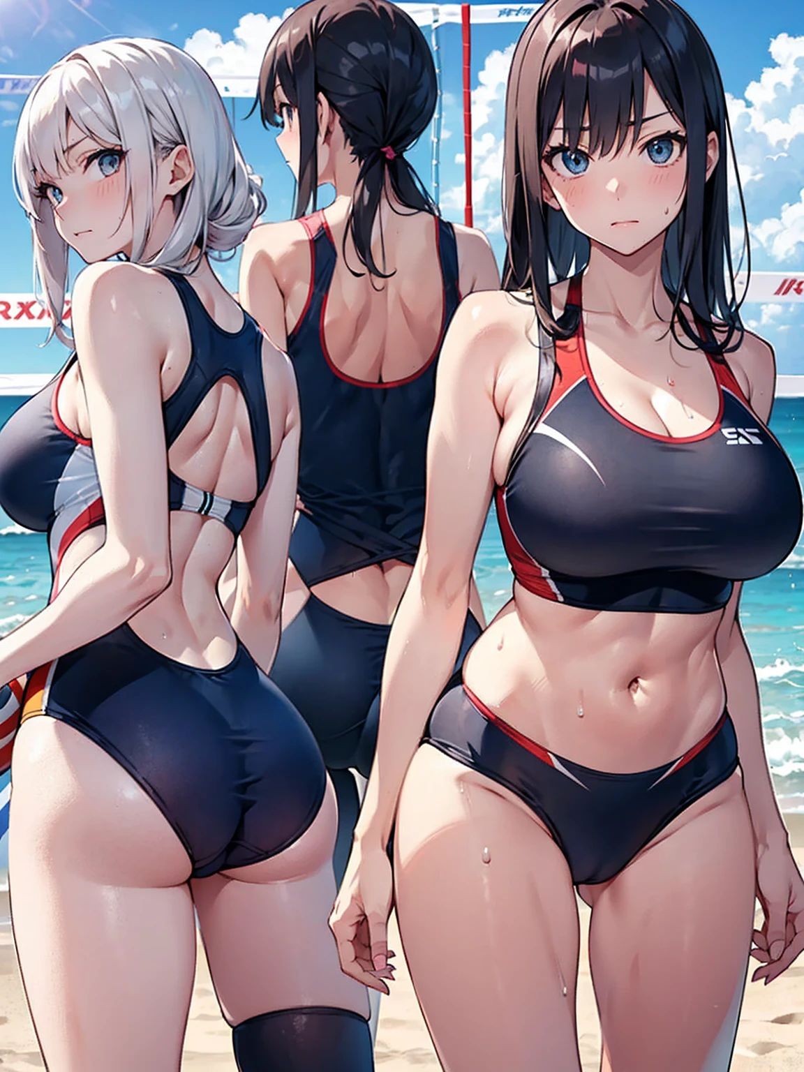 (Sweat, White skin:1.5、Aggressive Pose, ), cameltoe, Fitness, , ((Beach volleyball swimsuit)),Big Breasts, Sturdy body、Healthy Body、((Big Eyes in Anime)), back