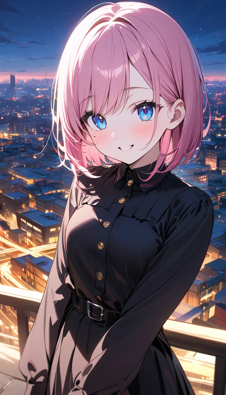 (1 girl),(Best Picture Quality, 8K, Masterpiece:1.3), (high school student:1.5), ((pink lob hair:1.1)), (bob cut),(swept bangs), (cute eyes, pupil black, iris skyblue, youthful face), (mole under right eye), (standard weight), (small breasts), (glistening skin:1.1),(pale skin:1.2),((Minimalist fashion)),((City)),(magnificent view),(Smile).