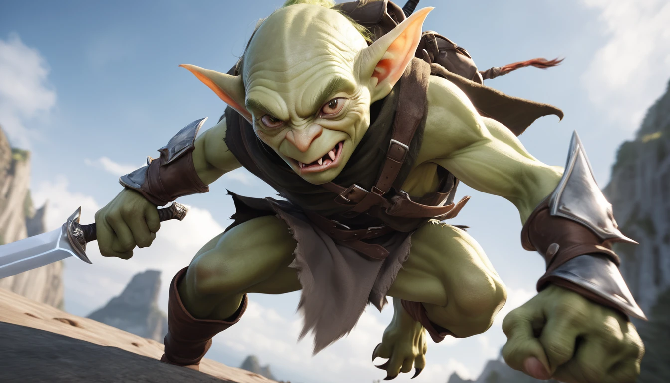 Realistic photos, RAW Photos, goblin, attacks viewer, Powerful movements, jump on prey, ((Dynamic jump)), Sharp Claws, goblin approaching from above, sudden approach, Bad-tempered, dynamic Shot from grand, have a sword