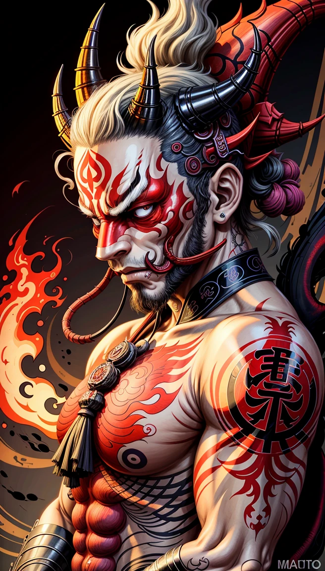 Red Hannya mask style, tattoo illustrator, masterpiece, high quality, 8k, high resolution, high detailed, Japanese tattoo, the background is Japanese fire, violet fire
