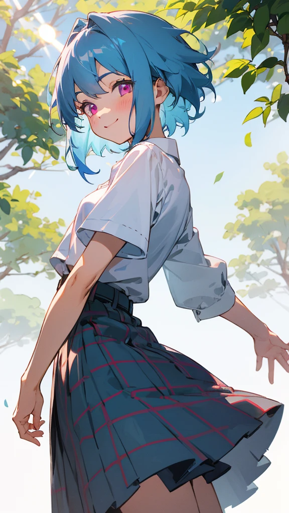 16-year-old girl、Light blue hair、Pink Eyes、smile、blush、Small breasts、From the back、white blouse shirt、Checked skirt、Under the bright light of the sunlight filtering through the trees、Acorns、Sharp contours、Tomboy、boyish、First class work