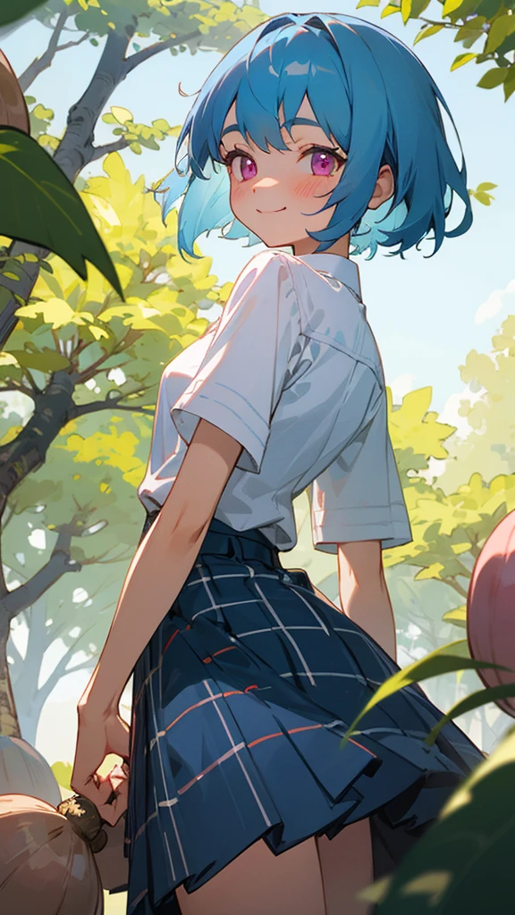 、Light blue hair、Pink Eyes、smile、blush、Small breasts、From the back、white blouse shirt、Checked skirt、Under the bright light of the sunlight filtering through the trees、Acorns、Sharp contours、Tomboy、boyish、First class work
