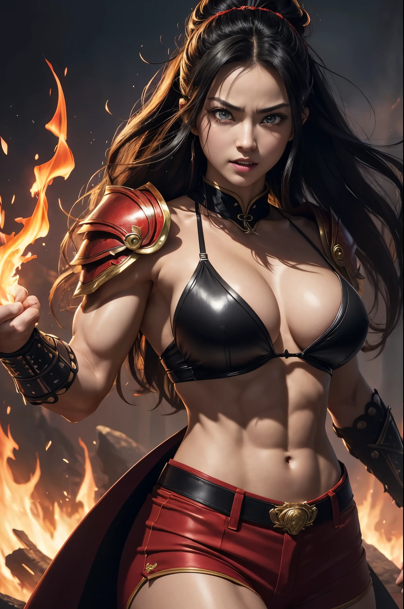 8k,Black light、Real Art、Slim and muscular macho manな女性、Super Beauty(Like the real thing)、Super strong muscles,iris、超High resolution、One Mature Woman、Light Brown Mohawk、Mature Demon Slayer: Kimetsu no Yaiba: Kimetsu no Yaiba: Kimetsu no Yaiba、anger,Sharp eyes,非常にVery large breasts、Glowing iris、Slim and muscular macho man、Toned, muscular lower body、Gorgeous red large  armor、Luxury black and red pants、Gorgeous red shoulder pads,Detailed light、Dynamic Angle、Written boundary depth、(((((())))、Show me your fangs、(Super A)High resolution、Best image quality)、(8k、RAW Photos、Best image quality、masterpiece)、Technology Sense、Best image quality、masterpiece、Consciousness upward、CG、Sense of unity、wallpaper、Official Art,Very delicate and beautiful、Attention to detail、Attention to detail、Clear focus、Rich background、(Real People、image)、((High resolutionの肌))、A large flame burning red from the body(Tone flame effect)(There are many big flames)Fantasy art、Shoulder muscles Abdominal muscles、Arm Muscles,Ultra-Realistic Skin、Combat pose,Look at the viewers,Big Energy,Japanese,Dynamic action poses,Very large breasts,Super strong abdominal muscles,Super Muscular Beauty,Thick muscular arms,