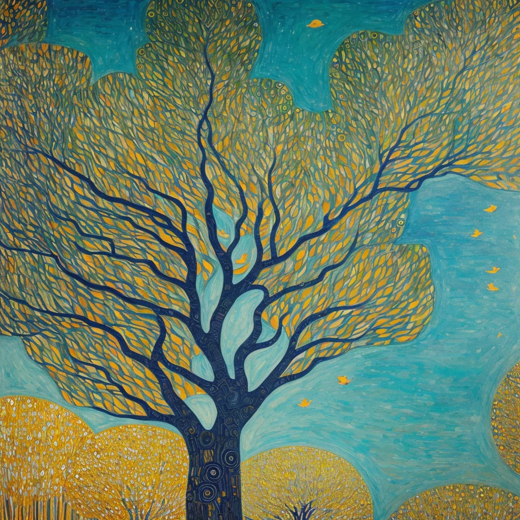 Create a work of art inspired by the style of Gustav Klimt. The image should show a central tree divided vertically into two halves. The left half of the tree should be green and full of life, with branches full of vibrant green leaves. The right half of the tree should be dry and lifeless, with bare branches in shades of yellow and dark blue.

The background sky should be filled with swirling patterns in light blue, aqua and dark blue colors, evoking Klimt's signature style. In the foreground, there should be brightly colored flowers such as orange, yellow and light blue.

Be sure to include birds flying in the sky, using black and orange colors to stand out. Add gold details to the trunk and sky patterns to complete the Klimt inspiration.

Predominant colors:

Left half of the tree: green.
Right half of the tree: yellow, dark blue.
Sky background: light blue, aqua, dark blue.
Flowers: orange, yellow, light blue.
Birds: black, orange.
Details: gold.
The image should convey a clear contrast between life and death, the vibrant green color of life against the cold and warm tones of desolation in the dry half of the tree.