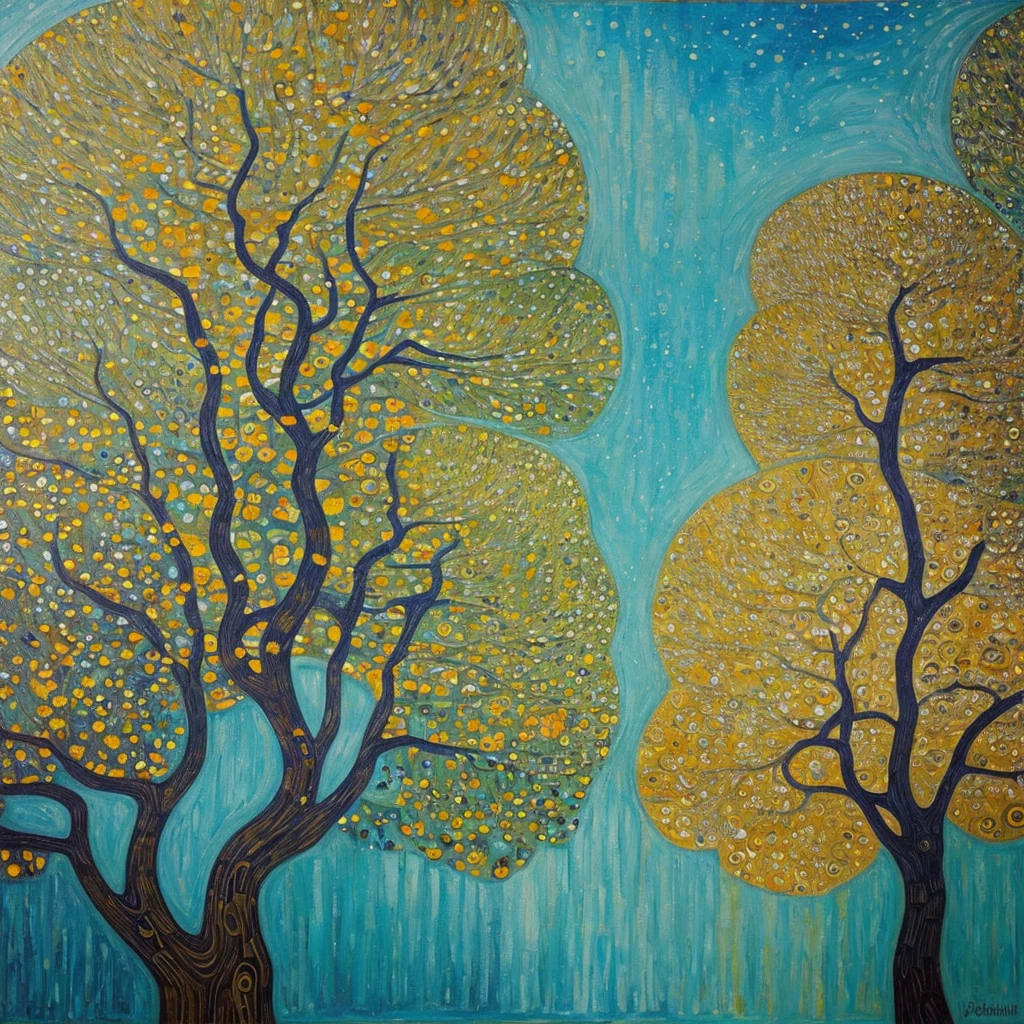 Create a work of art inspired by the style of Gustav Klimt. The image should show a central tree divided vertically into two halves. The left half of the tree should be green and full of life, with branches full of vibrant green leaves. The right half of the tree should be dry and lifeless, with bare branches in shades of yellow and dark blue.

The background sky should be filled with swirling patterns in light blue, aqua and dark blue colors, evoking Klimt's signature style. In the foreground, there should be brightly colored flowers such as orange, yellow and light blue.

Be sure to include birds flying in the sky, using black and orange colors to stand out. Add gold details to the trunk and sky patterns to complete the Klimt inspiration.

Predominant colors:

Left half of the tree: green.
Right half of the tree: yellow, dark blue.
Sky background: light blue, aqua, dark blue.
Flowers: orange, yellow, light blue.
Birds: black, orange.
Details: gold.
The image should convey a clear contrast between life and death, the vibrant green color of life against the cold and warm tones of desolation in the dry half of the tree.