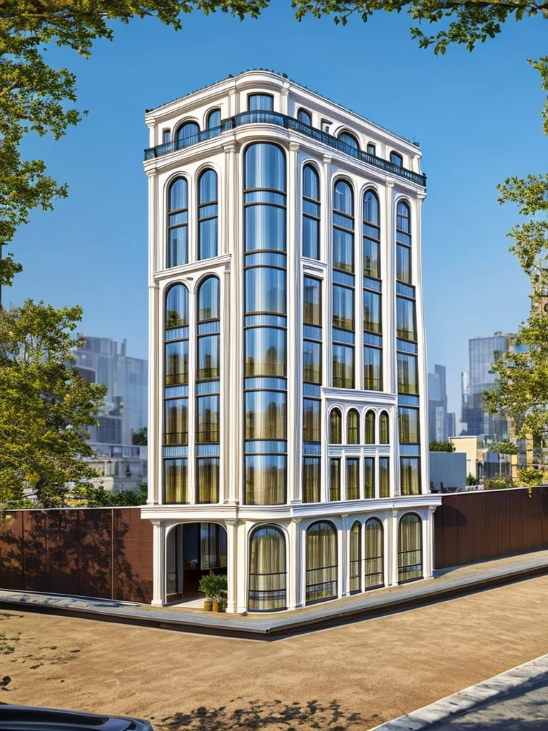 (masterpiece, best quality:1.2) 1white neoclassic building, (curved window), plants on company, building, exterior, architecture design, building in street