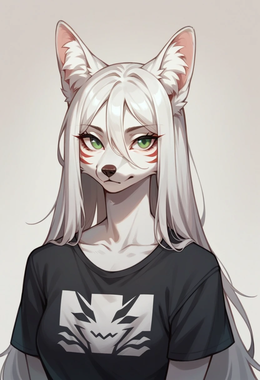 fluffy fox with white fur, girl, green eyes, portrait, Kitsune, in a black T-shirt with harnesses, long hair