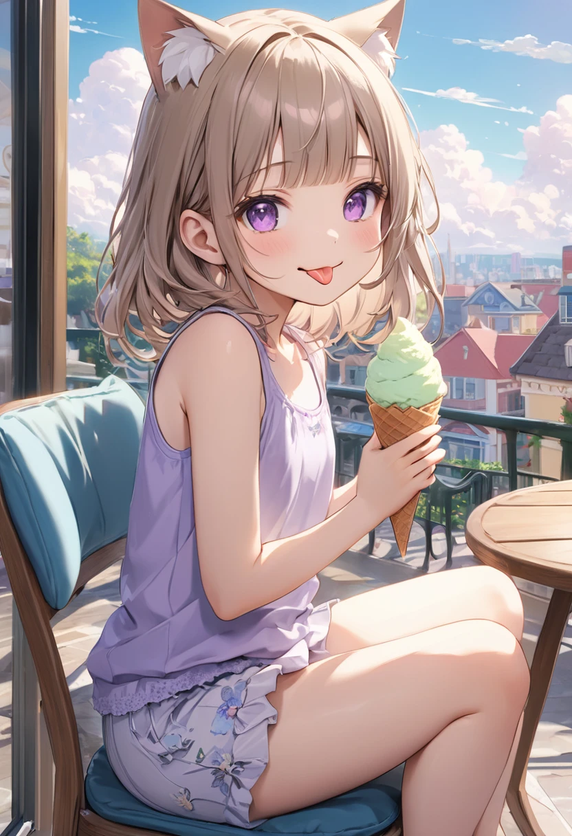 ((Masterpiece)), ((best quality)), ((kawaii)), ((extremely detailed)), 4K, (8K), (super detail:1.2), (High Definition:1.3), (Professional Photography:1.2), cinematic lighting, (very aesthetic:1.2), (absurdres:1.2), (sharp focus), (perfect light), ((1girl)),(()), (1girl), cute young girl, (naughty smile), ((sticking out tongue)), (Beautiful deep purple eyes:1.2), (put on cat ears), girl, (Embroidered cute tanktop), small breast, Healthy skin, (Healthy slim body), shortpants, pudgy cheeks, BREAK, ((best quality)), (very aesthetic:1.2), (absurdres:1.2), ((extremely detailed)), (loose blunt bangs), ((Beautiful Silky hair)), medium hair, ((beautiful pale brown hair)), 🌈, ((Eating vanilla ice cream)), loose sitting on chair, ice cream on the café terrace, (the Midsummer Cafe Terrace), Beautiful cityscape Background, Large Cumulonimbus Clouds, pastel colors clouds, kawaii, cute colors,