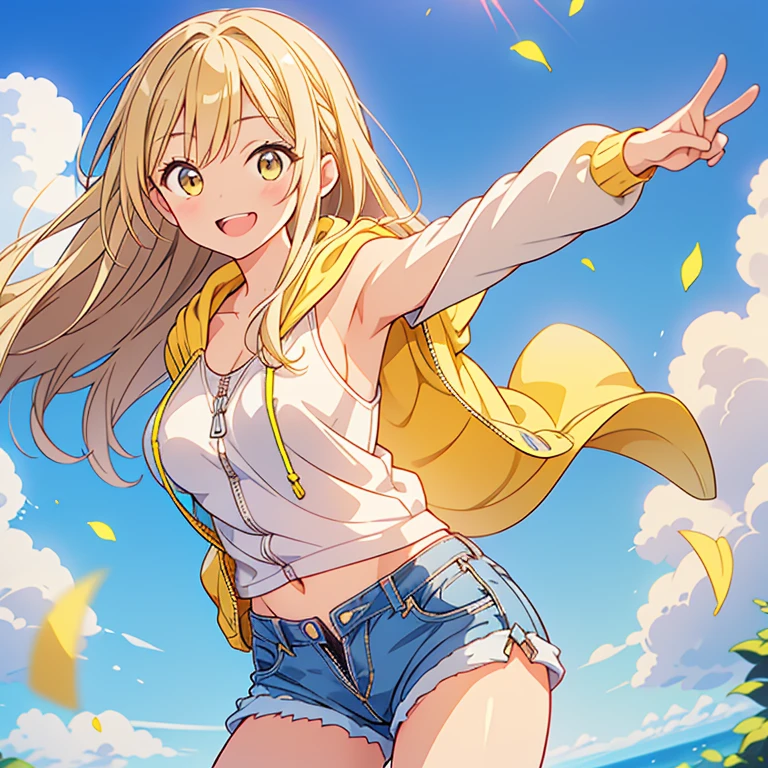 (Highest quality, 32k, High resolution, Masterpiece:1.5, ), god々A girl with a dazzling and healing power, , Expressing emotions, Have a rich imagination, Cute Japanese Girls, Perfect Human Anatomy, Magical big eyes, Motherhood and generosity, Deep Love, ((A mischievous smile:1.6)), Shiny Blonde, Super long straight silk hair swaying in the wind, Asymmetrical bangs, Hair between the eyes, Transparent, soft white skin, Sharp eyebrows, Thin lashes, Natural Makeup, Cheek highlighter, Detailed and cute lips, (Yellow zip-up hoodie with a white tank top:1.2), ((Denim shorts:1.2)), Slim figure with ample breasts, Beautifully detailed skies, ((Vibrant petal effect:1.2)), god秘的